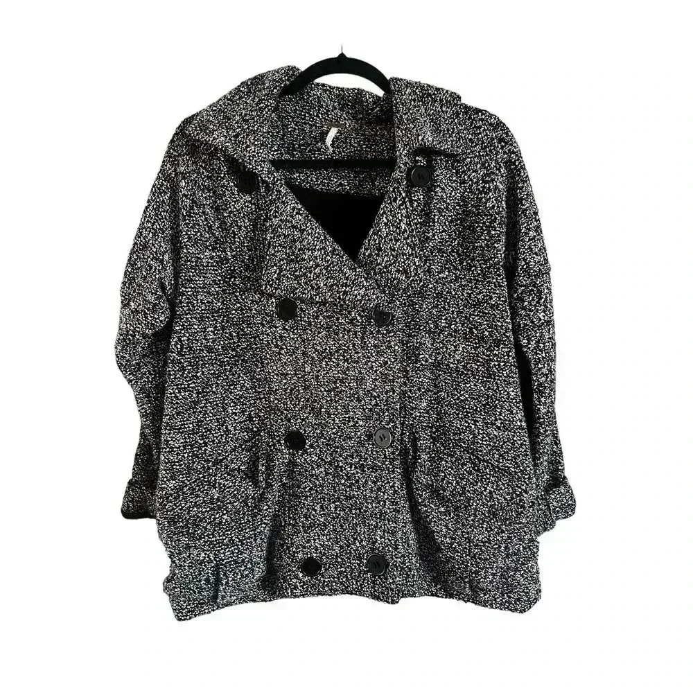 Free People Slouchy Moto Jacket Belted Wool Blend Trench Pea Coat Black XS - Picture 2 of 5